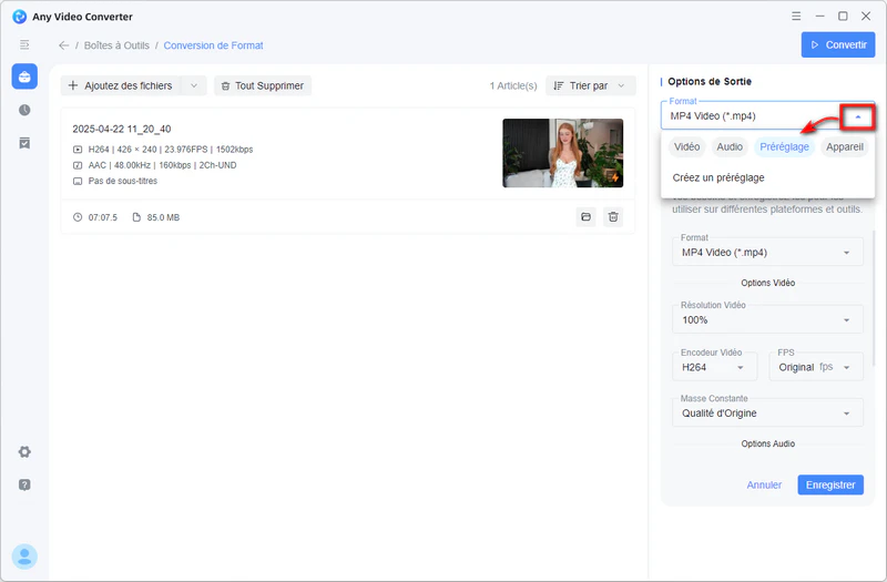 Ouvrir le menu de préréglage