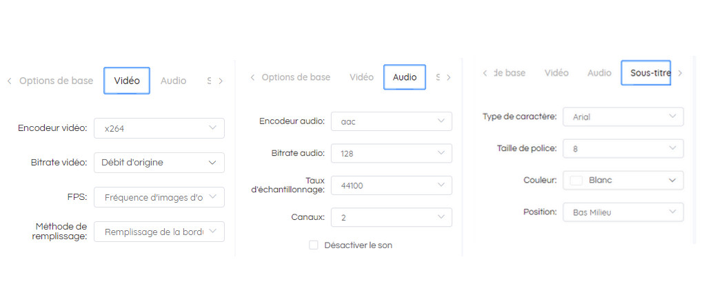 option pour la vidéo, l'audio et les sous-titres