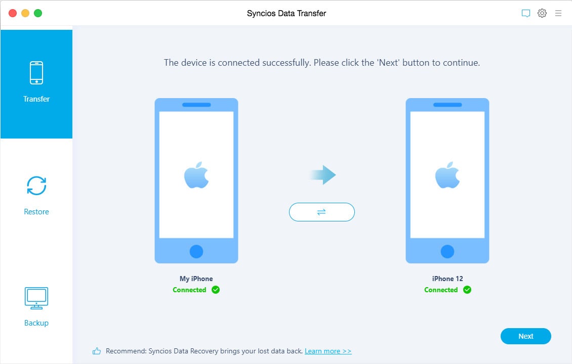 Syncios Data Transfer interface