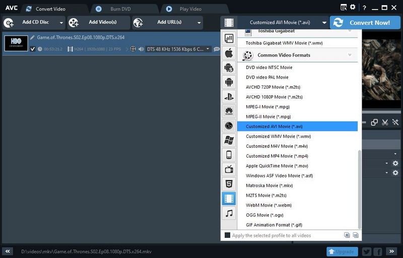 select avi as the output format