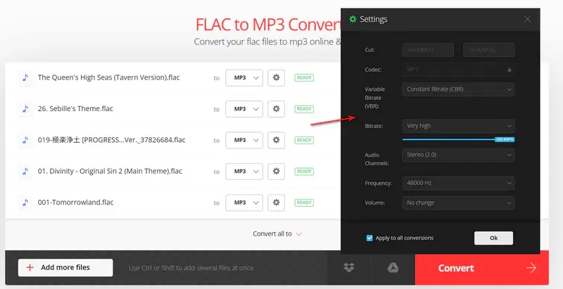 advanced options for mp3 in convertio