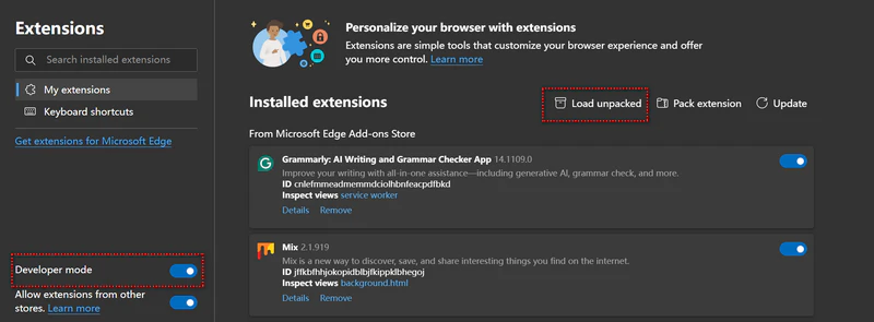 enable development mode on edge