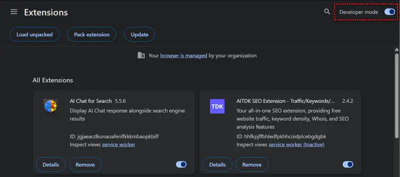 habilitar el modo desarrollador en la extensión de Chrome