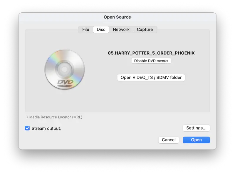 open dvd source on vlc