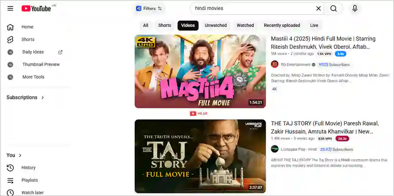 youtube - free website for hindi movies